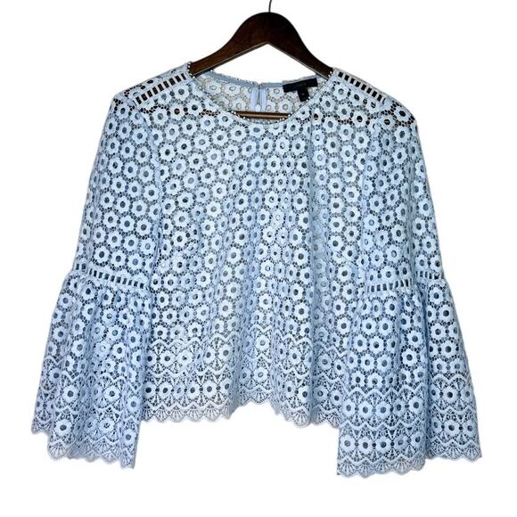 J. Crew Daisy Eyelet Bell Sleeve Blouse Jewel Neck Back Zip Up 10 Baby Blue - Picture 15 of 15